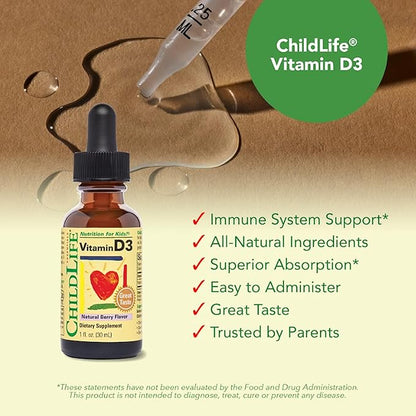 CHILDLIFE ESSENTIALS Vitamin D3 Drops for Kids, Children, & Toddlers - Liquid Vitamin D Drops, 500 IU per Drop, Immune & Bone Health Support, Natural Berry - 1 Fl Oz (Pack of 1)