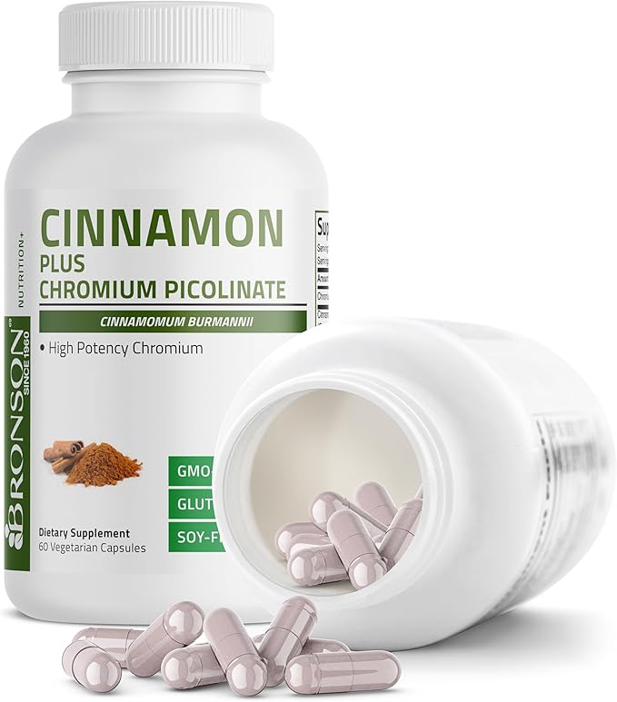 Bronson Cinnamon Plus Chromium Picolinate Supplement, High Potency Chromium, Non-GMO, 60 Vegetarian Capsules