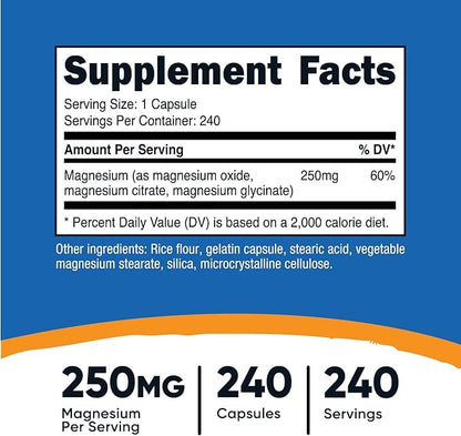 Nutricost Magnesium Complex 250mg, 240 Capsules - Magnesium Oxide, Citrate, and Glycinate - Gluten Free and Non-GMO