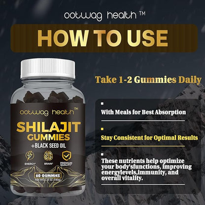 2 Pack Shilajit Resin Gummies, Shilajit for Men Women Supplement with Black Seed Oil, Russia Chaga, Honey, Shilaji t Gummies with 85+ Trace Minerals & Fulvic Acid for Energy, Digestion Health