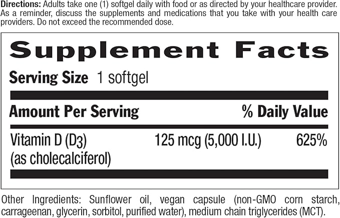 Country Life Vegan D3 5000 IU, 60 Softgels, Certified Gluten Free, Certified Vegan