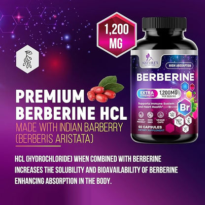 Premium Berberine HCL 1200mg Supplement - Berberine HCI Capsules High Absorption Supplement for Heart Health & Immune Support, High Strength, Gluten-Free, Vegan, Non-GMO Pills - 60 Veggie Capsules