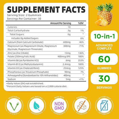 Calcium Magnesium Zinc Gummies with Vitamin D3, Sugar Free Calcium Gummies for Women Men, High Potency Magnesium Gummies for Bone & Muscle & Immune Health, Pineapple Flavor - 120 Count