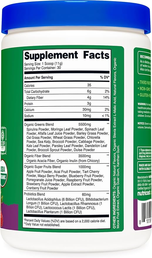 Nutricost Organic Super Greens Powder (30 Servings) Mixed Berry Flavor - Superfood Supplement Drink Mix