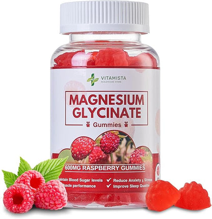 Magnesium Glycinate Gummies - 600mg Raspberry Flavor | Magnesium Glycinate Supplement for Stress Relief, Sleep, and Muscle Recovery | High Absorption Non-GMO, Perfect for Adults - 60 Count