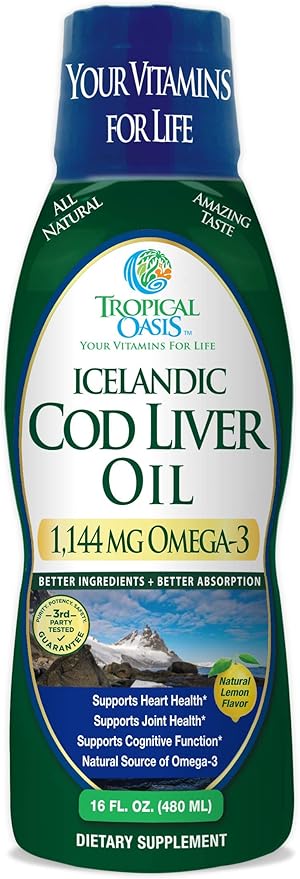Tropical Oasis - Icelandic Cod Liver Oil | Maximum Strength 1144mg of Liquid Wild-Caught Natural Omega-3 Fish Oil (Lemon Flavor, 90 Servings)