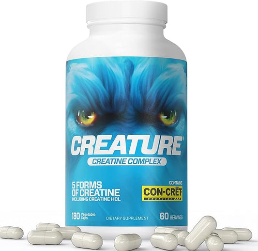 CREATURE® Creatine Complex - Creatine Monohydrate Capsules with 5 Types of Creatine Including Con-Crēt® Creatine HCL, Promotes Muscle, Strength, Endurance, Brain Health, 180 Veggie Caps, 60 Servings