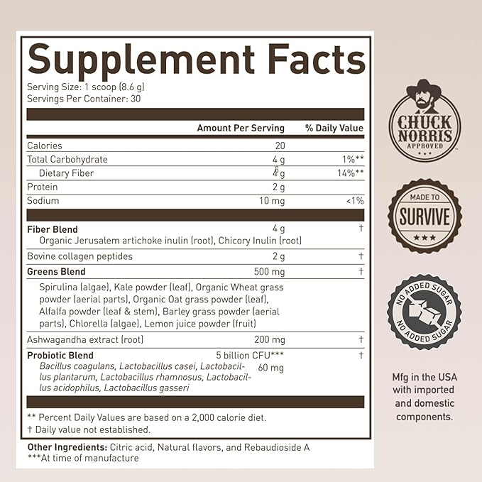 Morning Kick, Zero Sugar Greens Superfood Powder Supplement with Ashwaganda, Collagen, Probiotics, Debloat Drink, 30 Servings (Strawberry Lemonade) by Chuck Norris