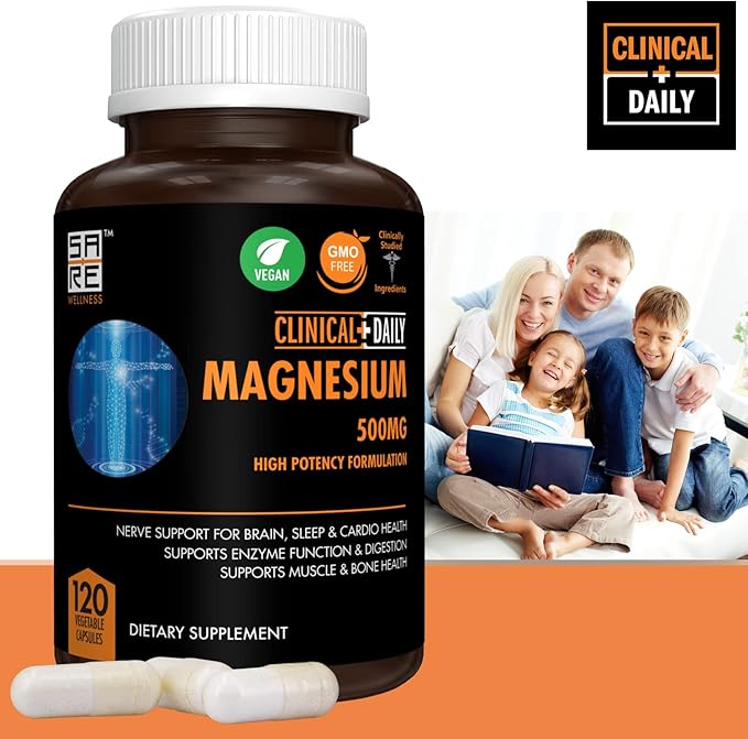 CLINICAL DAILY Pure Magnesium Citrate Capsules High Potency 500mg with Natural Magnesium Oxide. Vegan Magnesium Supplement for Women and Men Supports Rest, Enzyme and Nerve Function. 120 Ct 2 Months