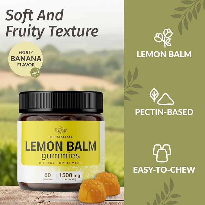HERBAMAMA Lemon Balm Calming Gummies - 1500mg Lemon Balm Herb for Calm Support - Vegan, Non-GMO Relaxation Supplement with Melissa Officinalis Leaves - 60 Pectin-Based Banana-Flavored Chews