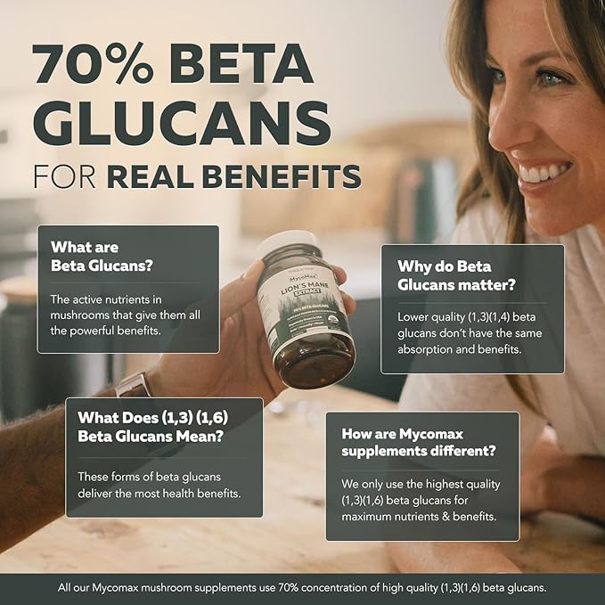 MycoMax Lions Mane Supplement - 70% Beta Glucans, Max Potency Organic Lions Mane Extract, US Grown + Ultrasonic Extraction - 500 mg serving - Supports Mental Clarity, Focus and Memory - 60 Capsules