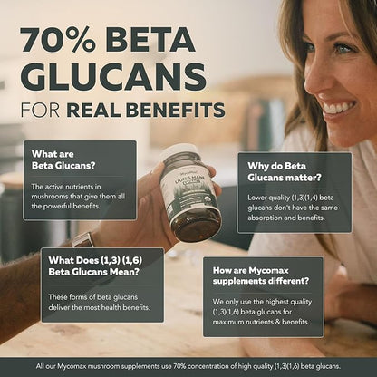 MycoMax Lions Mane Supplement - 70% Beta Glucans, Max Potency Organic Lions Mane Extract, US Grown + Ultrasonic Extraction - 500 mg serving - Supports Mental Clarity, Focus and Memory - 60 Capsules