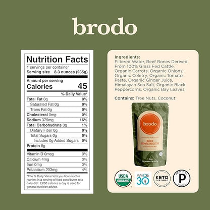 Brodo 100% Grass-Fed Beef Bone Broth, Collagen-Rich and Protein-Packed, Slow-Simmered with Organic Vegetables and Herbs, Nutrient-Dense Broth for Sipping and Cooking (6 x 8.3 oz. Pouches)