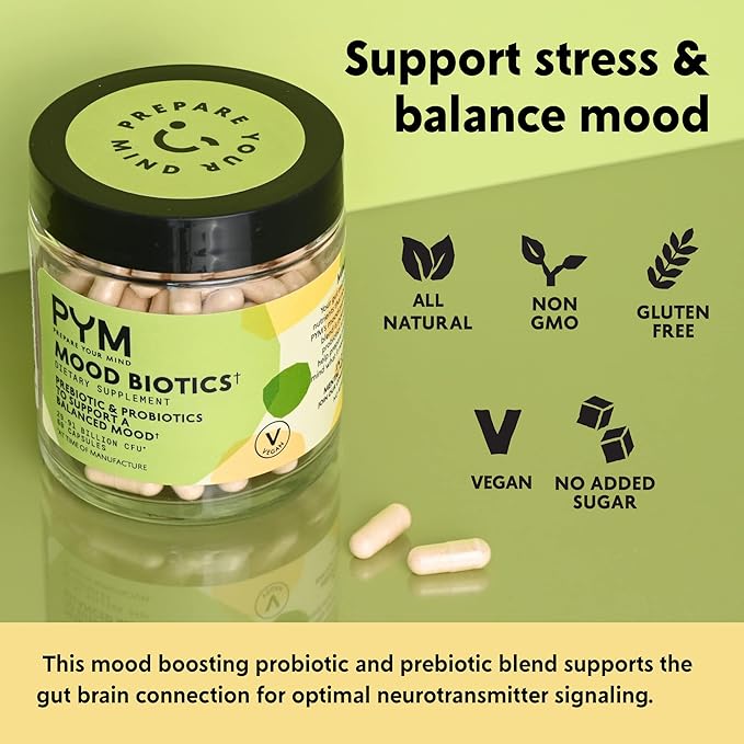 Prebiotics and Probiotics Mood Biotics by PYM with 22.91 Billion CFU (60 Count) Gut Health & Mood Support Supplement | Non-GMO, Vegan, Gluten Free