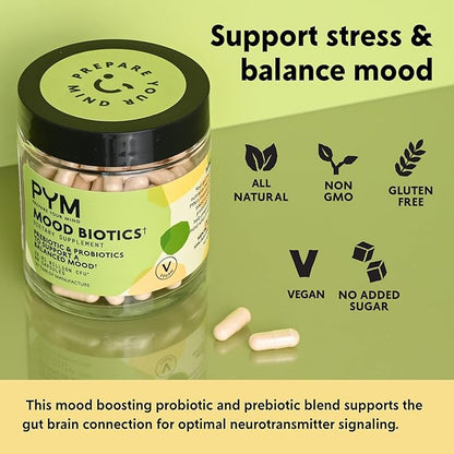 Prebiotics and Probiotics Mood Biotics by PYM with 22.91 Billion CFU (60 Count) Gut Health & Mood Support Supplement | Non-GMO, Vegan, Gluten Free
