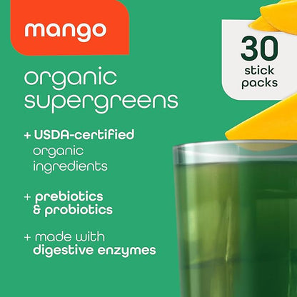 Organic Super Greens Powder, 70+ Superfoods, 0 Sugar, 3G Fiber, Spirulina, Chlorella, Antioxidants, Prebiotics/Probiotics, Digestive Enzymes, Mango, 30 Drink Mix Packets