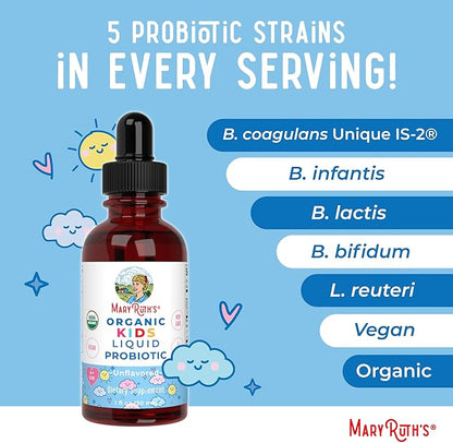 Kids Probiotic Liquid Drops by MaryRuth's | USDA Organic Probiotics for Digestive Health | Ages 4+ Gut Health & Immune Support Supplement | Overall Health | Vegan | Non-GMO | 1 Fl Oz