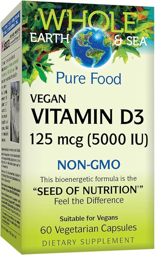 Natural Factors Whole Earth & Sea Vitamin D3 125mcg (5,000 IU), Vegan Bioenhanced, 60 Vegetarian Capsules
