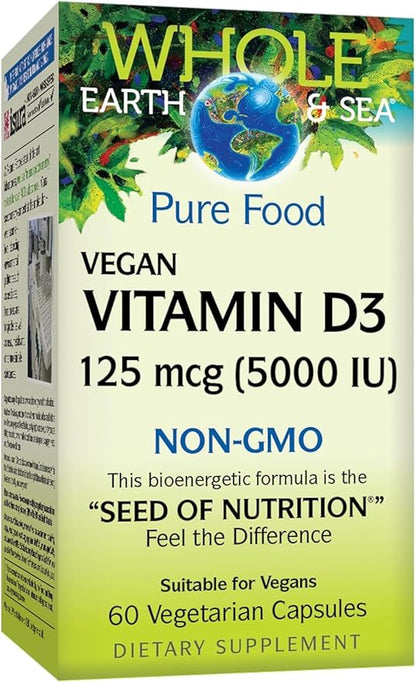 Natural Factors Whole Earth & Sea Vitamin D3 125mcg (5,000 IU), Vegan Bioenhanced, 60 Vegetarian Capsules