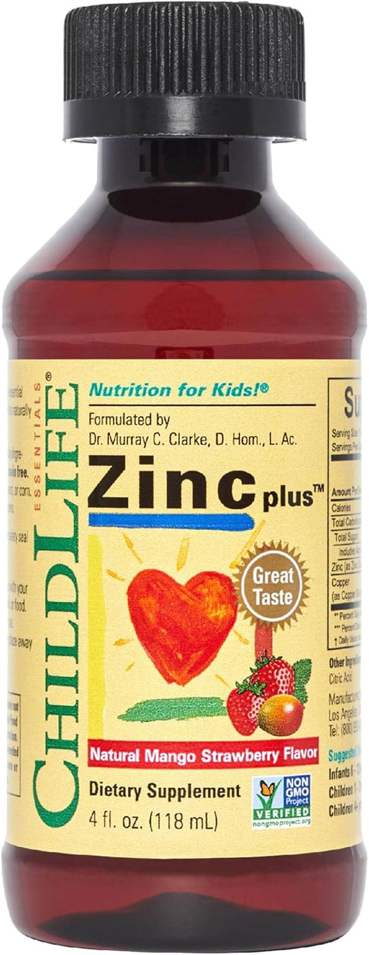 CHILDLIFE ESSENTIALS Liquid Zinc Plus - Zinc for Kids, Zinc Supplements, Zinc Drops, Pure Zinc Liquid, Toddler Zinc, Zinc Gluconate & Copper, Immune Support - Mango Strawberry, 4 Fl Oz (Pack of 1)