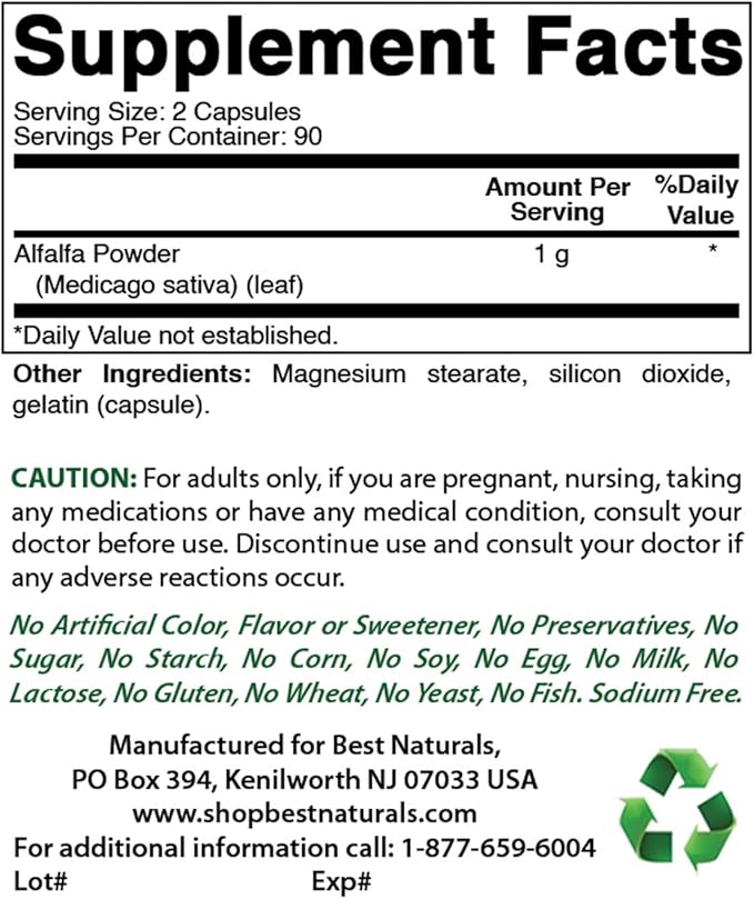 Best Naturals Alfalfa Green Super Food 500 mg 180 Capsules (180 Count (Pack of 2))