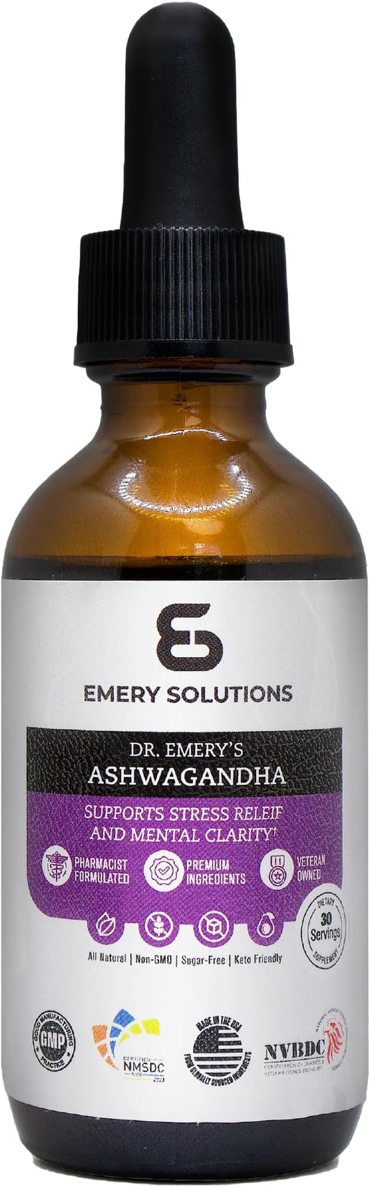 Dr. Emery's Ashwagandha Liquid Drops Organic Extract Supplement for Relaxation, Mental Clarity, Natural Calm, and Mood, Vegan, Made in USA, 30 Day Supply