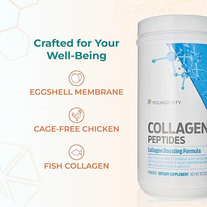 Youngevity Multi-Collagen Peptides Powder with Fulvic Powder – Hydrolyzed Grass-Fed, Marine, Chicken, & Eggshell Membrane Collagen – Hair, Skin, Nails, Joint, Bone Support – I, II, III, V, X – 11.4 oz