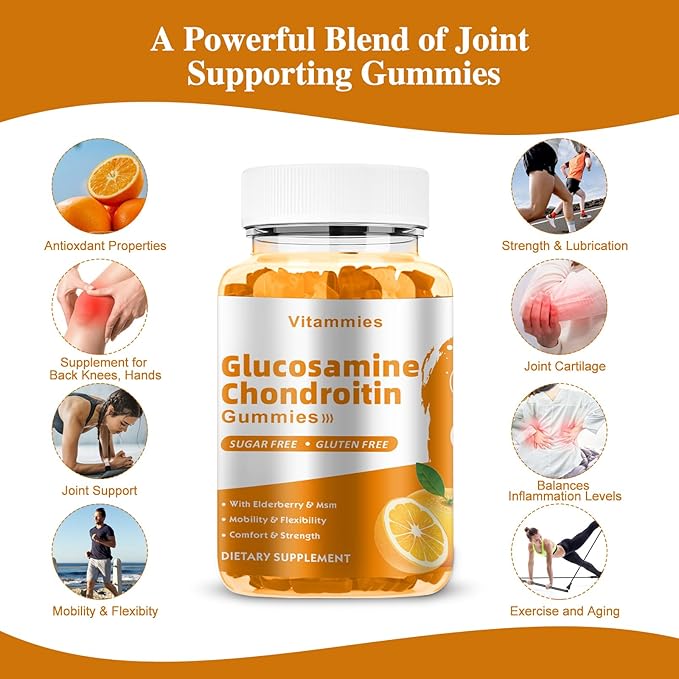 Glucosamine Chondroitin Gummies with MSM & Elderberry Extra Strength - Joint Support, Antioxidant Immune Support Supplement for Adults, Men & Women - 60 Orange Gummies