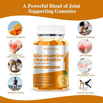 Glucosamine Chondroitin Gummies with MSM & Elderberry Extra Strength - Joint Support, Antioxidant Immune Support Supplement for Adults, Men & Women - 60 Orange Gummies