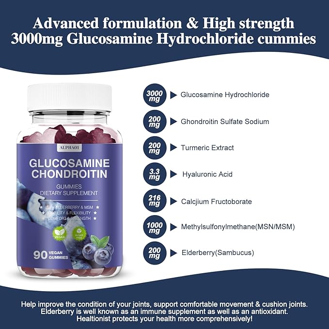 Glucosamine Chondroitin Gummies - 3000MG Extra Strength Joint Support Supplement with MSM & Elderberry, Flexibility, Antioxidant Immune Support Gummy for Adults, Men & Women 90 Blueberry Gummies