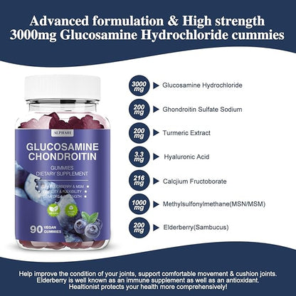 Glucosamine Chondroitin Gummies - 3000MG Extra Strength Joint Support Supplement with MSM & Elderberry, Flexibility, Antioxidant Immune Support Gummy for Adults, Men & Women 90 Blueberry Gummies