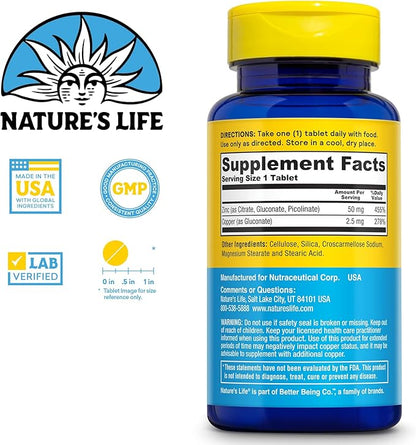 NATURE'S LIFE Protecting Zinc 50mg with 2.5mg Copper - Chelated Zinc Supplement for Immune Support, Bone Health, Muscle Function and Heart Health Support, 60-Day Guarantee, 100 Servings, 100 Tablets