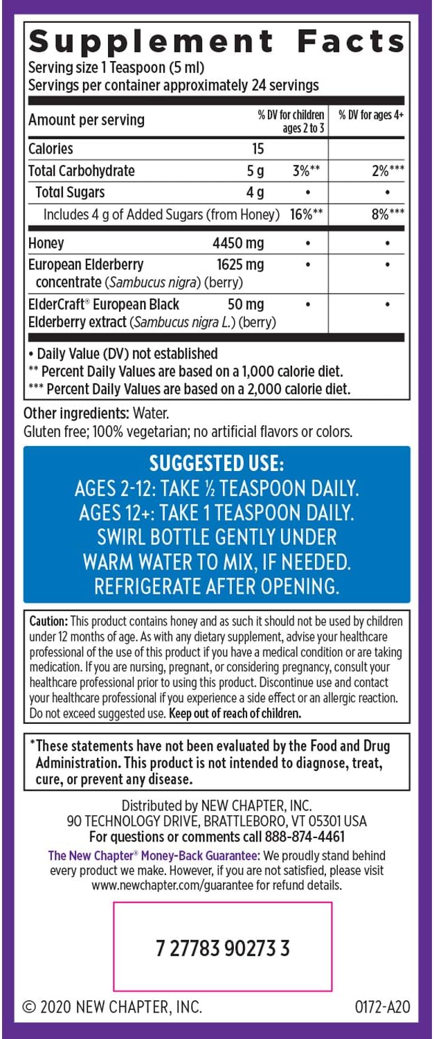 New Chapter Elderberry Syrup, 24 Servings, Immune Defense for Adults & Kids (2+), 64x Concentrated Black Elderberry + Throat-Soothing Grade A Honey, Non-GMO Project Verified, Gluten Free