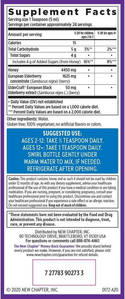 New Chapter Elderberry Syrup, 24 Servings, Immune Defense for Adults & Kids (2+), 64x Concentrated Black Elderberry + Throat-Soothing Grade A Honey, Non-GMO Project Verified, Gluten Free