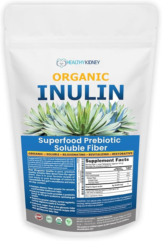 Organic Inulin Powder (16oz/1lbs) Gentle Agave Inulin Prebiotic Soluble Fiber Supplement for Digestive Support, Gut Health, Vegan Baking, Smoothies & Drinks