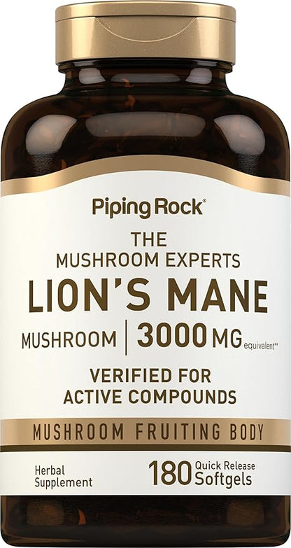 Piping Rock Lions Mane Supplement | 3000mg | 180 Softgel Capsules | Mushroom Fruiting Body Extract | Non-GMO, Gluten Free