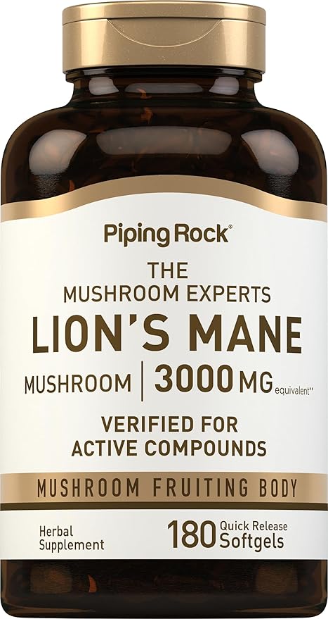Piping Rock Lions Mane Supplement | 3000mg | 180 Softgel Capsules | Mushroom Fruiting Body Extract | Non-GMO, Gluten Free