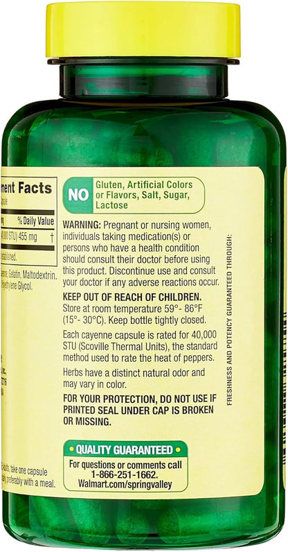 Spring Valley Cayenne Capsules 455 mg (Cayenne Fruit - 40,000 STU), Dietary Supplement, Herbal Support, 100 Count (Pack of 1)