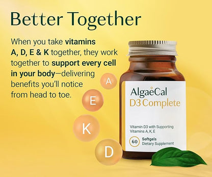 ALGAECAL 4-in-1 Vitamin D3 K2 Complete - ADK Vitamin Supplement, Enhanced Immune Support & Bone Health with D3 K2, A, & E - Whole Body Wellness & Bone Strength, 60 Easy-Swallow Softgels