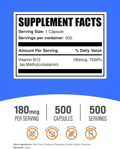 BulkSupplements.com Vitamin B12 Methylcobalamin Capsules - B12 Vitamin Supplement, B12 180mcg, for Energy Support - Gluten Free, 1 Capsule per Serving, 500 Capsules (Pack of 1)