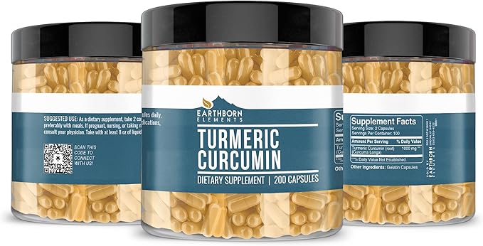 Earthborn Elements Turmeric Curcumin 200 Capsules, Pure & Undiluted, No Additives