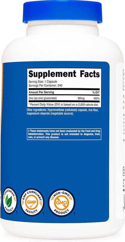 Nutricost Zinc Gluconate 240 Veggie Capsules (50mg) (3 Bottles) - Gluten Free and Non-GMO