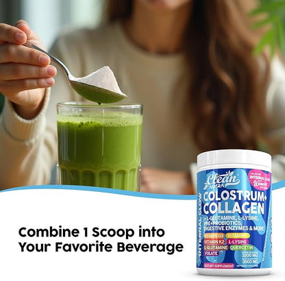 Bovine Colostrum+Collagen Peptides Powder| L-Glutamine L-Lysine Prebiotics Probiotics Digestive Enzymes Vitamin D K2 Vitamin C Quercetin & Folate|Gut Health Supplement Internal Glow By Clean Nutra (1)