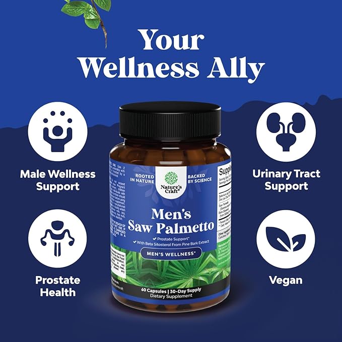 Saw Palmetto for Men with Beta Sitosterol - Saw Palmetto Extract Prostate Support Supplement for Men's Health & Better Bladder Control plus Restoring Hair Supplement for Hair Health for Men - 2 pack