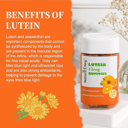 Nature's Key Lutein Gummies 12mg with Zeaxanthin & Vitamin A for Kids and Adults | Eye Health and Brain Function Supplement | Orange Flavor, 120Ct