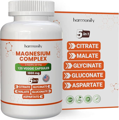 Magnesium Glycinate Citrate Malate Aspartate Gluconate, 5 in 1 Formula, 120 Purified Veggie Capsule, 1000 mg, Gluten Free, Non-GMO, 60 Days Serving