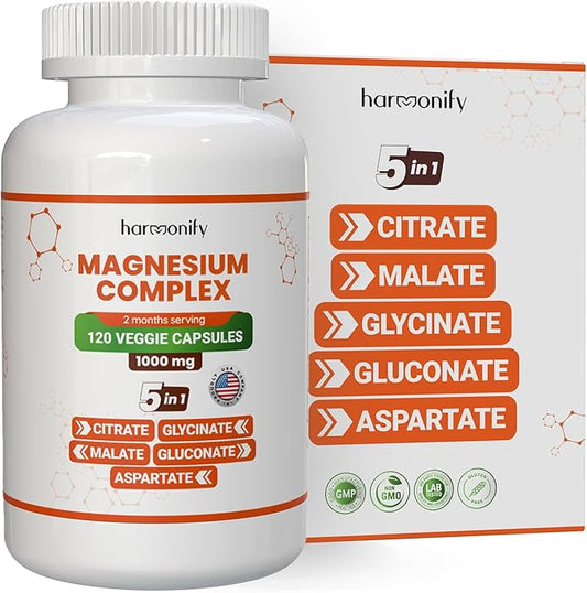 Magnesium Glycinate Citrate Malate Aspartate Gluconate, 5 in 1 Formula, 120 Purified Veggie Capsule, 1000 mg, Gluten Free, Non-GMO, 60 Days Serving
