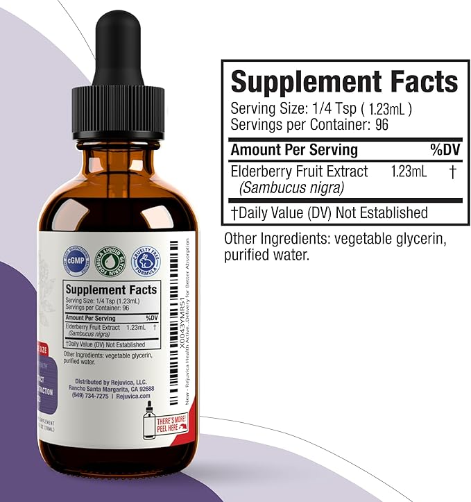 Rejuvica Health Active Elderberry - Advanced Elderberry Extract - Liquid Delivery for Better Absorption - Vegan Sugar Free Non GMO 4oz Value Size