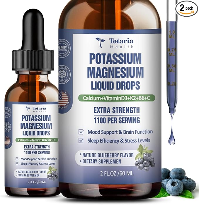 (2 Packs) Potassium Magnesium Supplement Liquid Drops - 200mg Potassium & 600mg Triple Complex Magnesium Glycinate Liquid Citrate Oil High Absorption Potasio Support Bone, Muscle, Leg Cramps