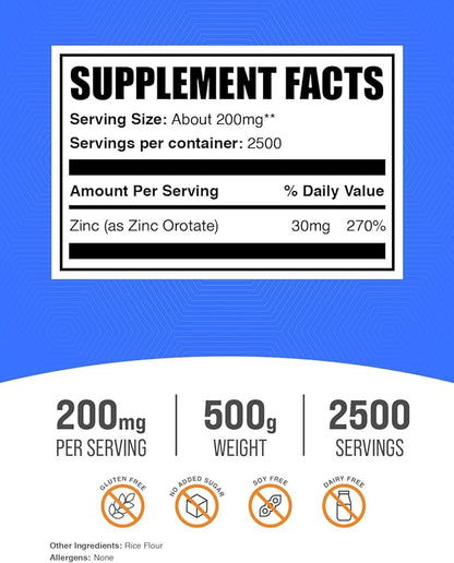 BulkSupplements.com Zinc Orotate Powder - Zinc Minerals Supplement, for Immune Support - Gluten Free, 200mg per Serving, 500g (1.1 lbs) (Pack of 1)